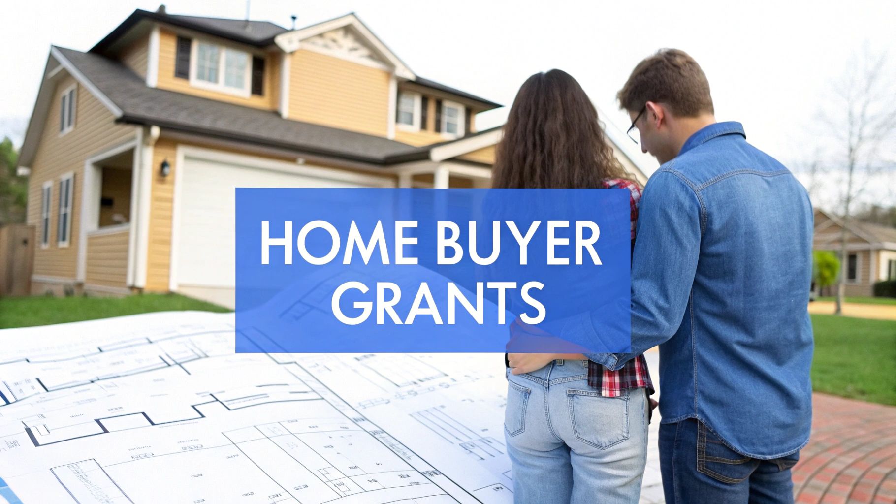 A man and woman standing outside looking at a single family home on a sunny day with blueprints in front of them and words on the image that says home buyer grants.