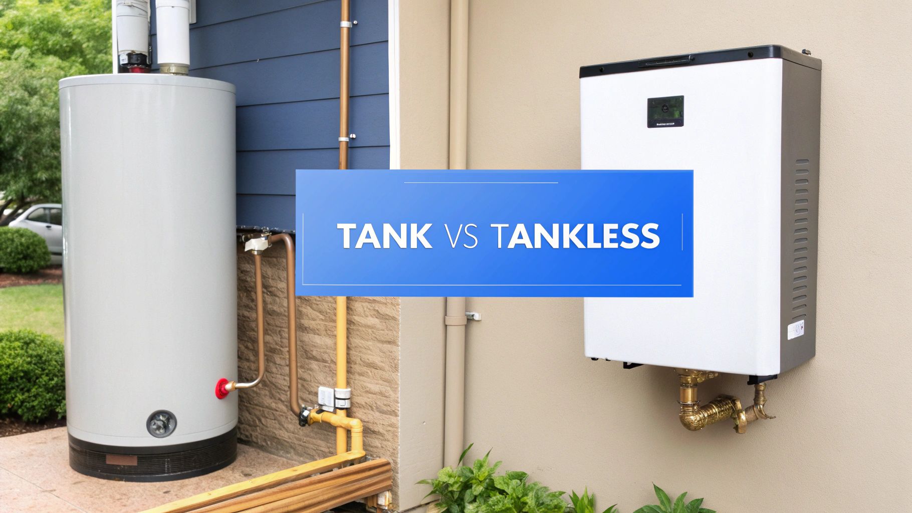 A picture of a tank water heater next to a tankless water heater with words on the image that say tank vs tankless.