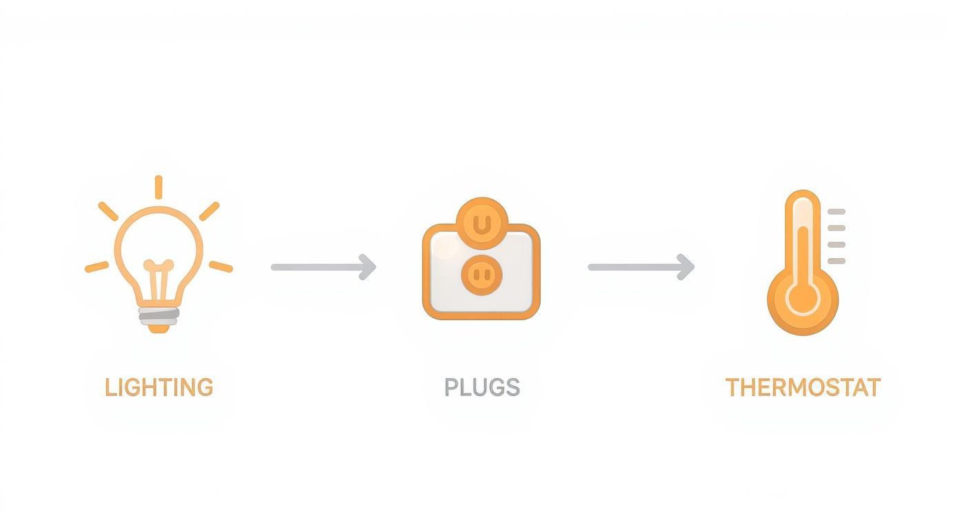 Infographic showing the process flow of starting home automation with icons for lighting, plugs, and a thermostat.