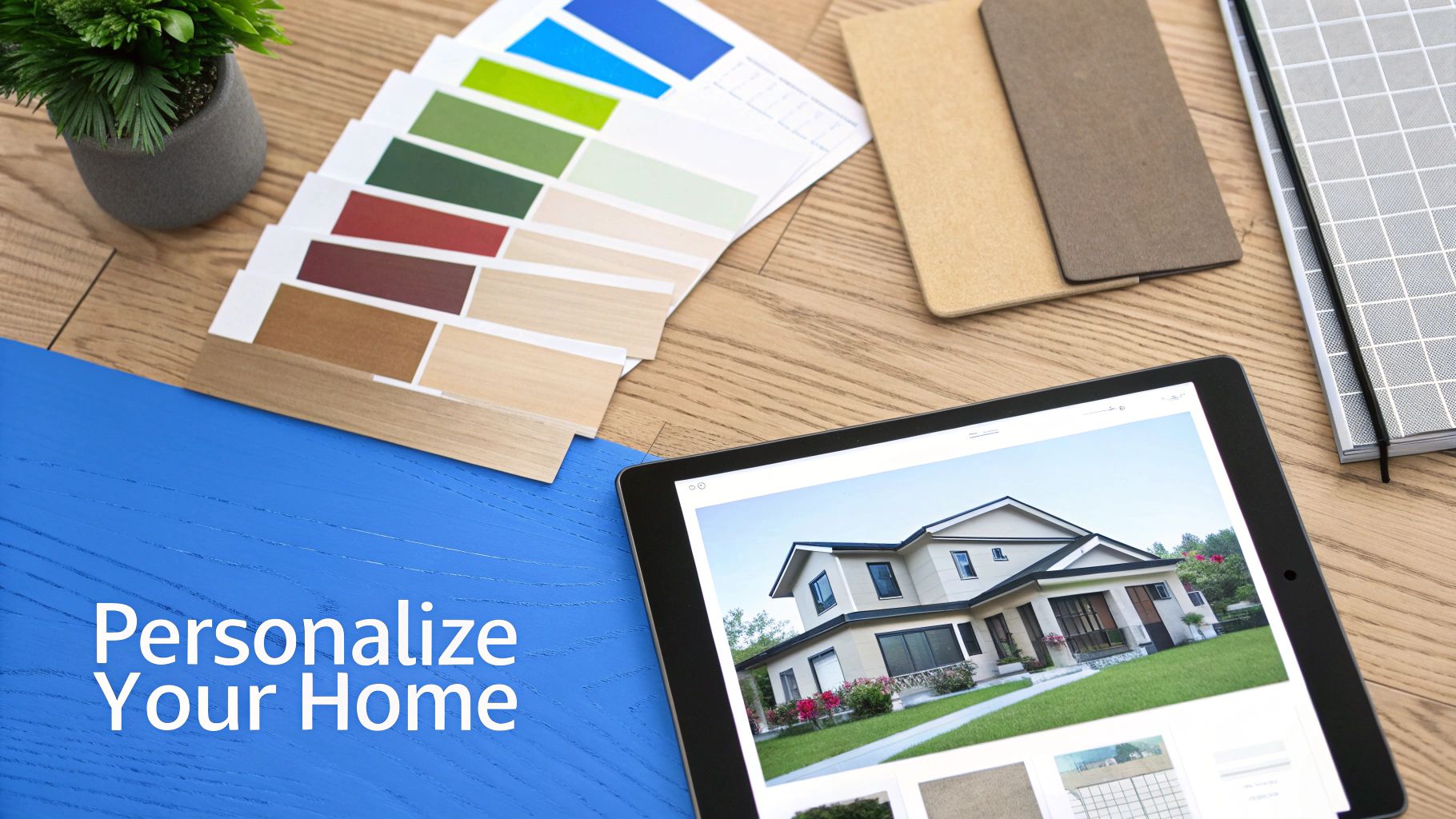 A tablet showing a modern house with color and wood samples for home personalization.