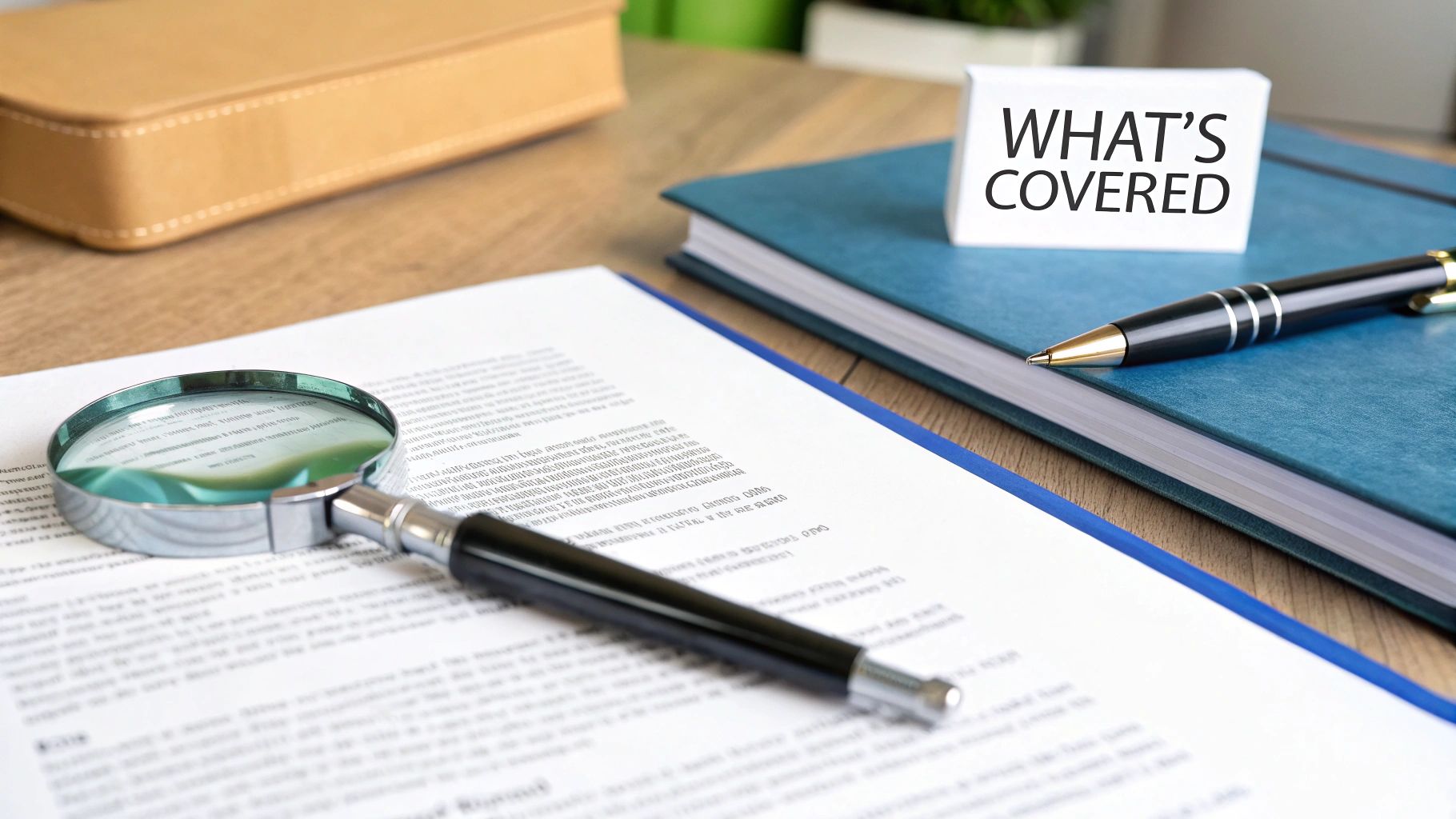 Magnifying glass over insurance policy document with what's covered sign and notebook