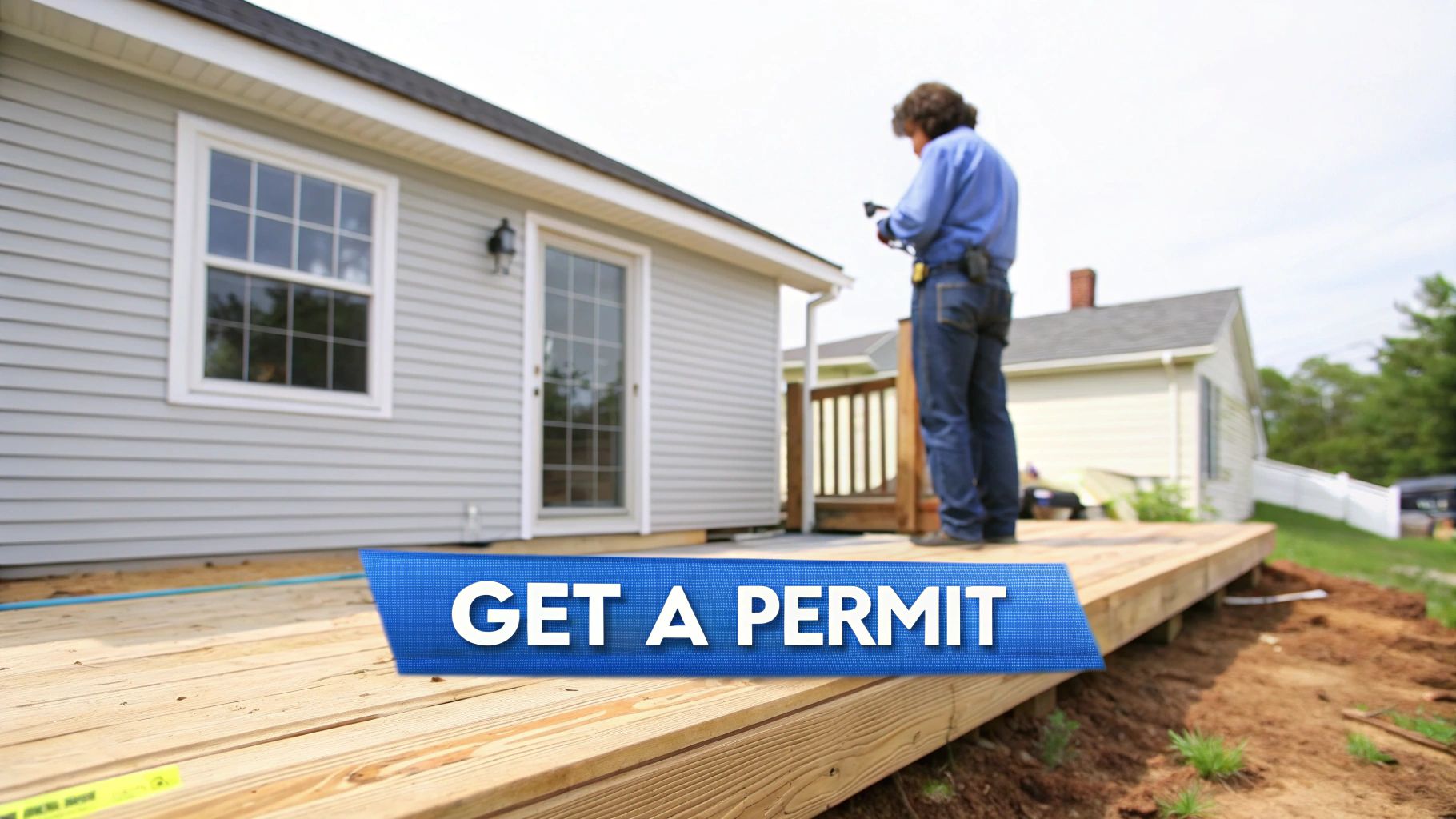 A man inspecting a new deck being built on the back of a house, with words on the image that say get a permit.