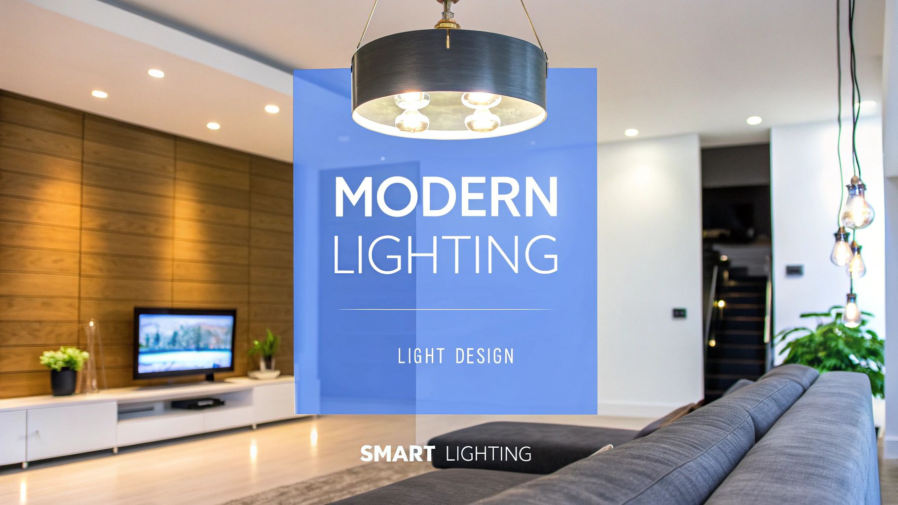 A modern ceiling light in a living room with a wood accent wall and TV with words on the image that says Modern Lighting.
