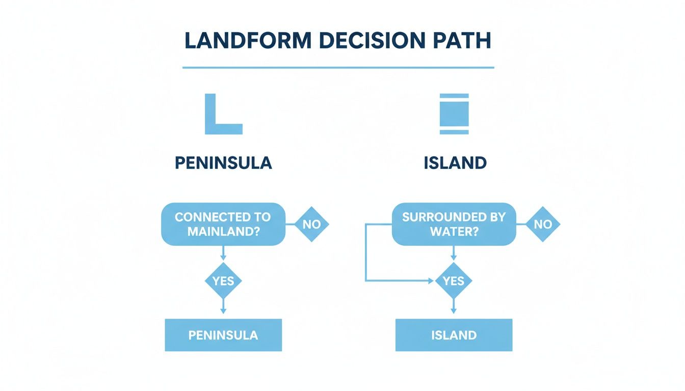 A flowchart explaining landform classification: a peninsula is connected to mainland, and an island is surrounded by water.