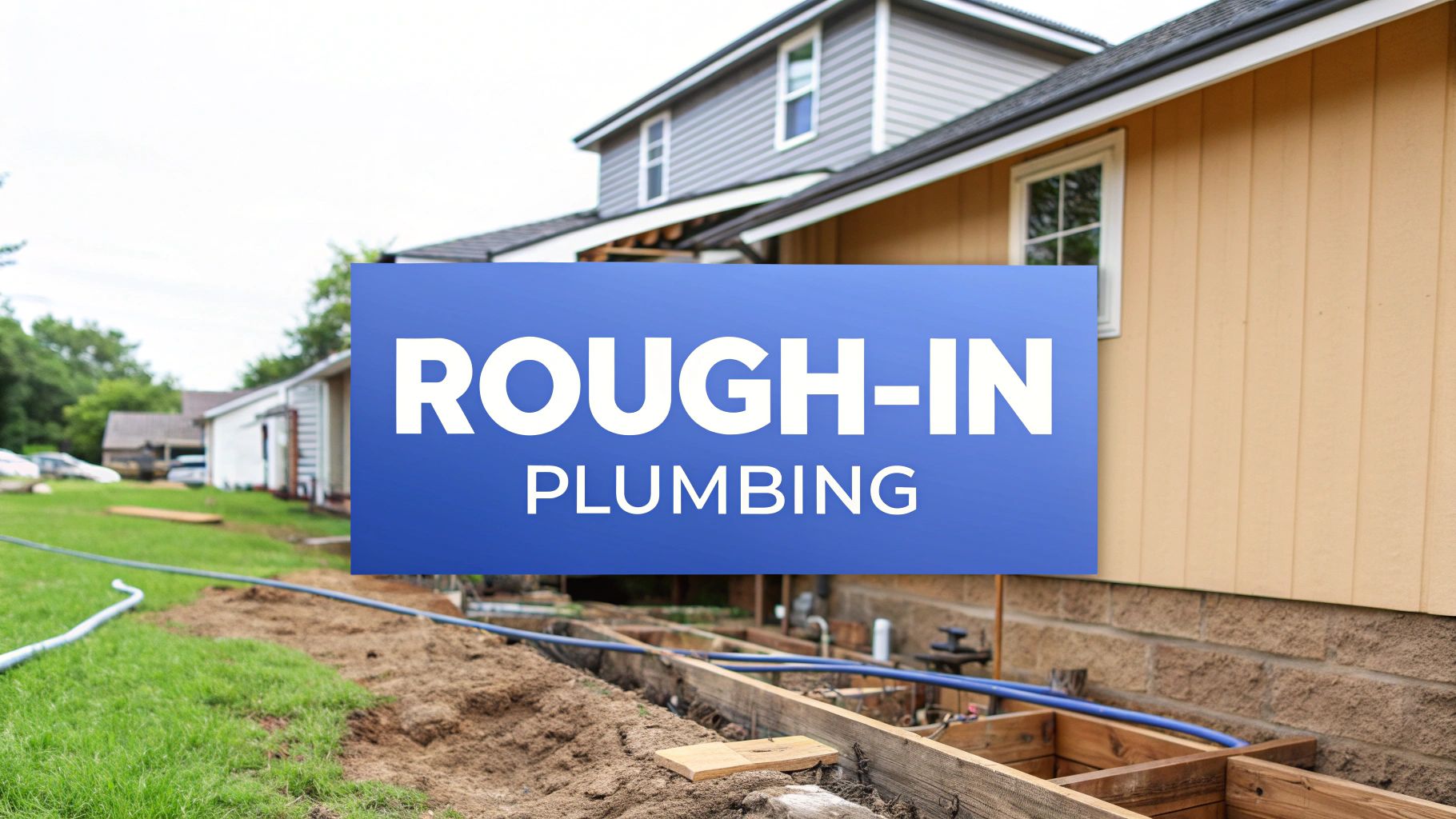 The exterior of a house with the ground dug up in front of it, showing the plumbing rough in.