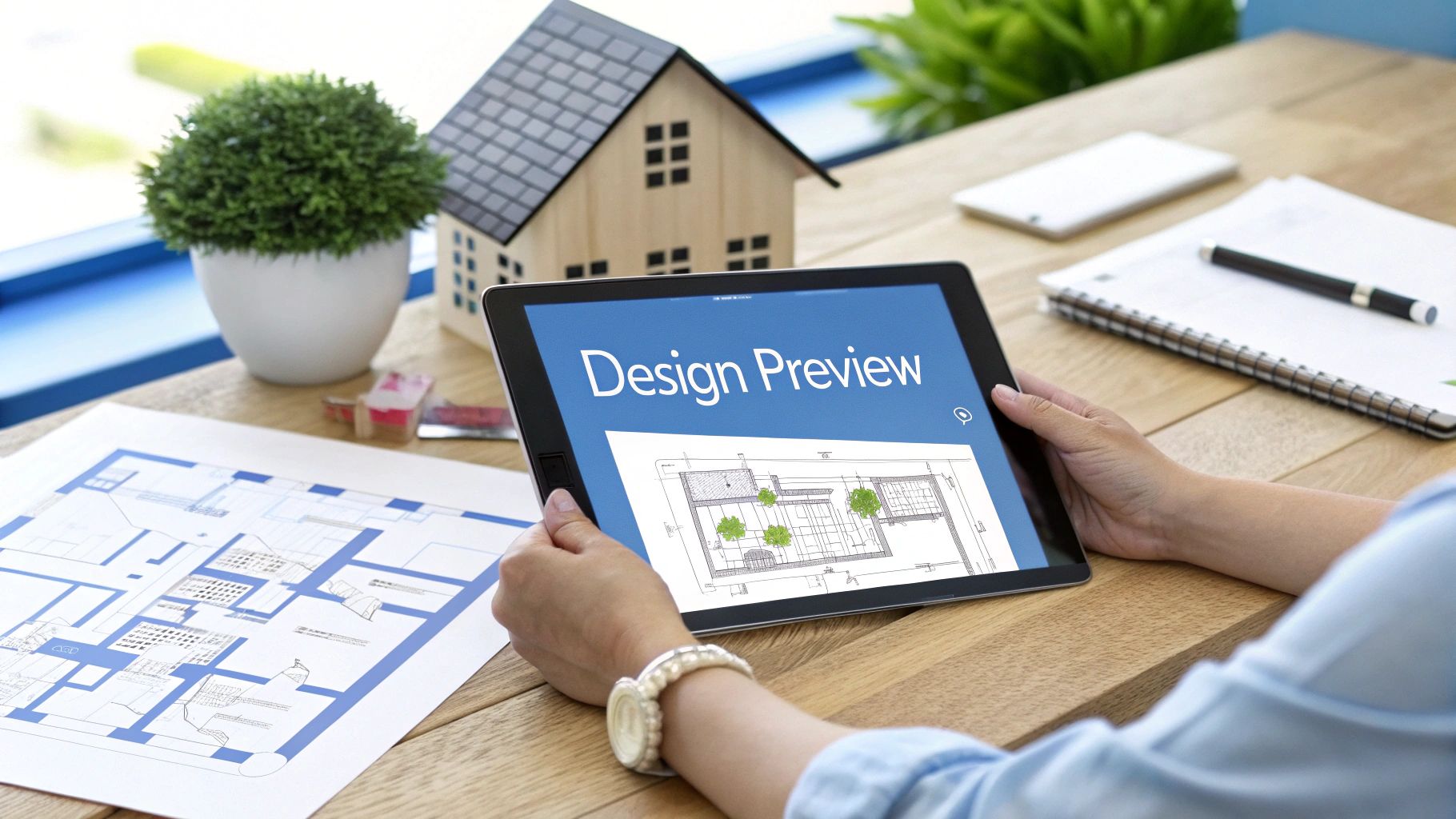 A family using a tablet to visualize different window styles in their new home&#39;s living room.