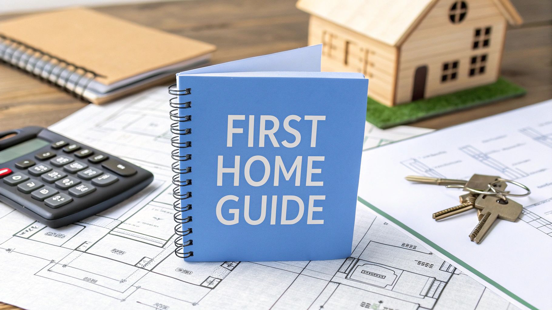 Blueprints on a table with keys and a calculator next to a small model house and a blue notebook that says first home guide.