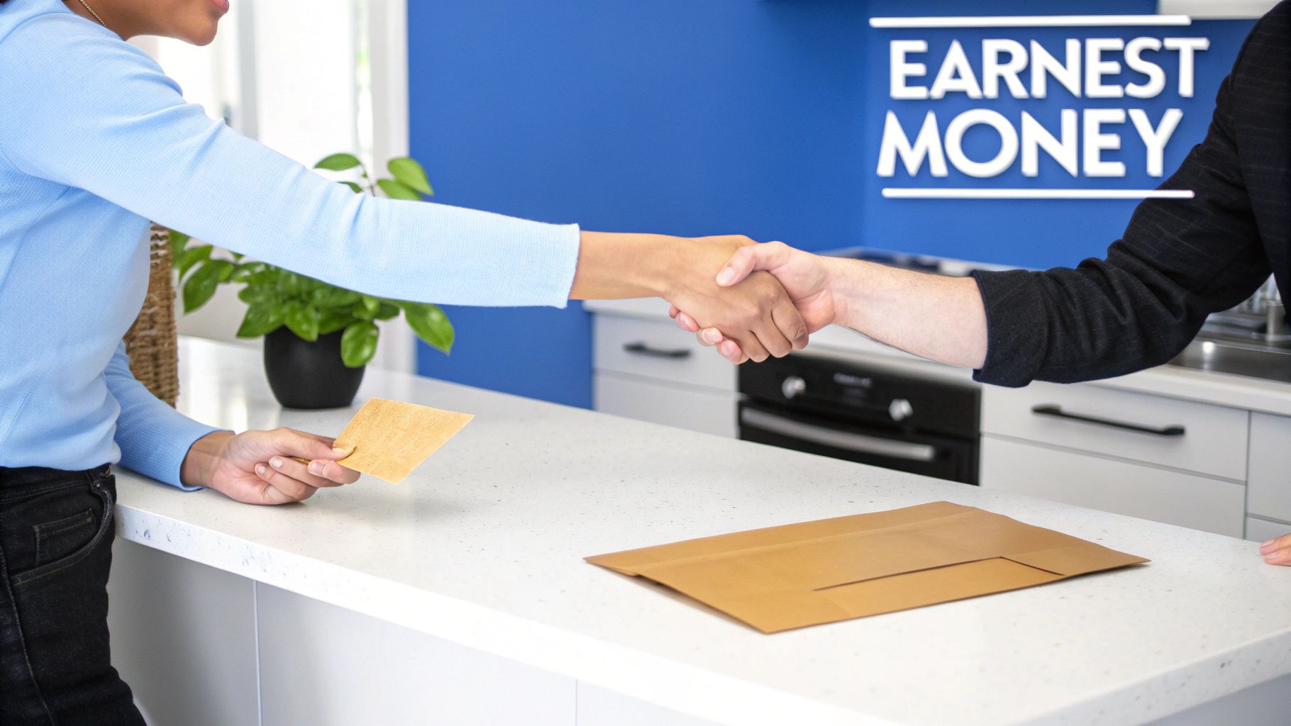 Two people shaking hands over a table with house keys and a miniature house model, symbolizing a real estate agreement.