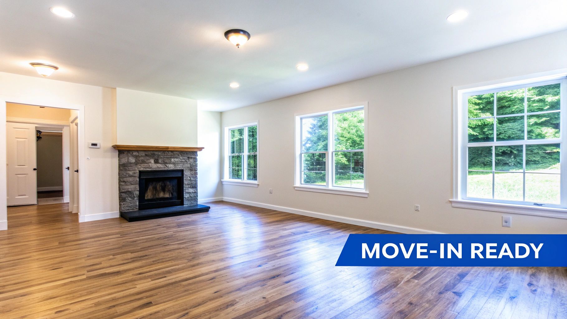 A bright, empty living room featuring polished hardwood floors, a stone fireplace, and large windows offering green outdoor views.