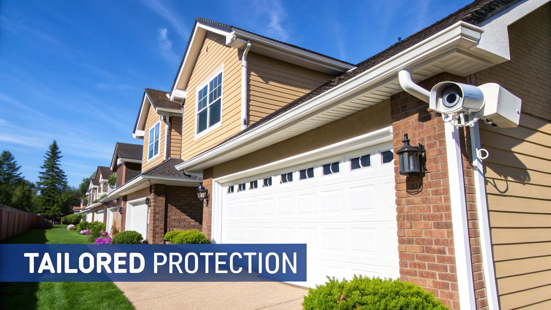 a miage showing multiple villa homes next to each other with a camera mounted next to a garage door and words on the image that says tailored protection.