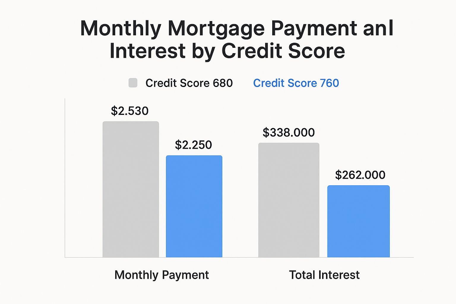 A chart showing the payment and interest rate differences for two buyers, one that has a 680 credit score and the other buyer that has a 760 credit score. The buyer that has the higher score has a much better payment and interest rate.