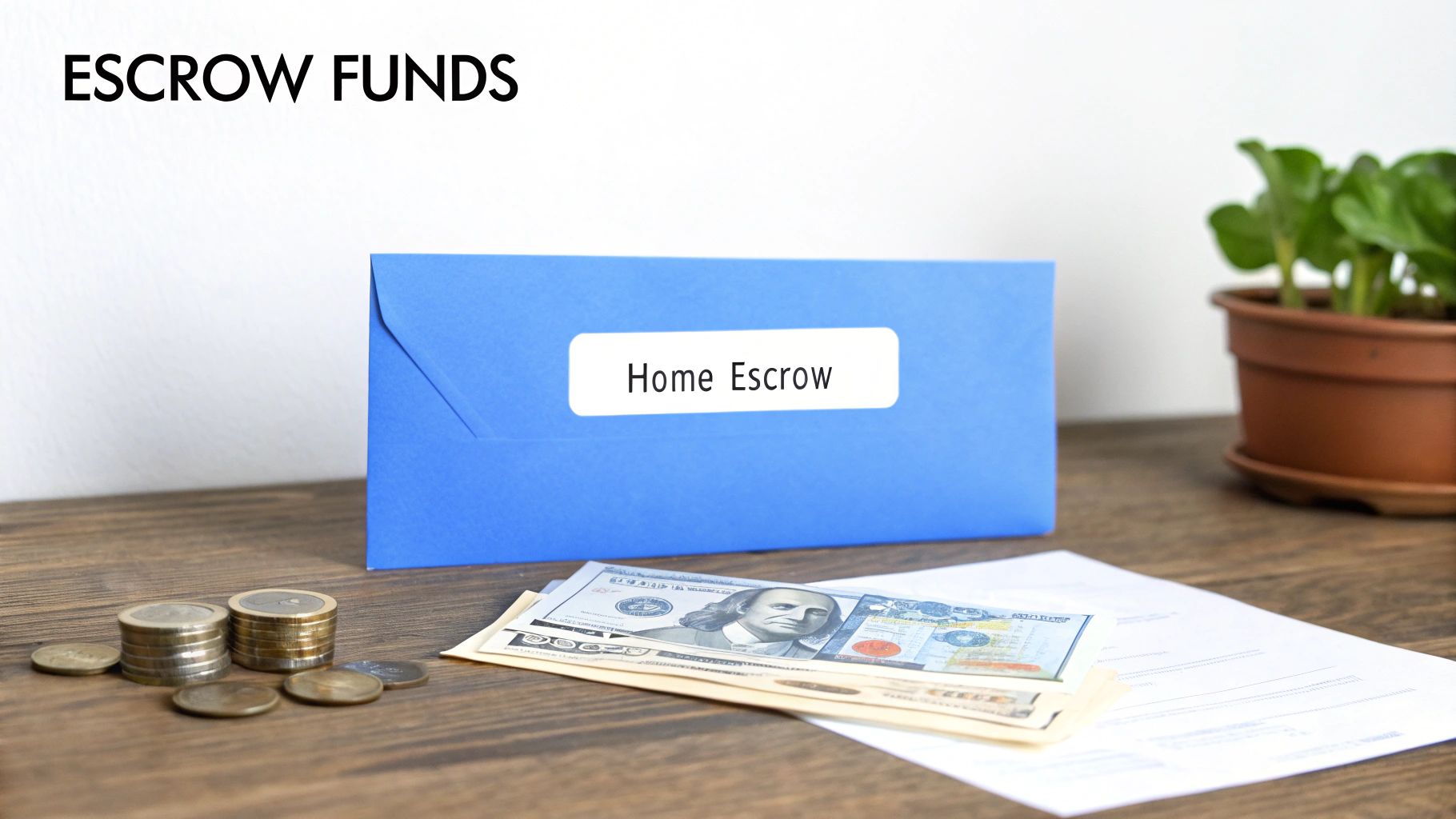 Blue envelope labeled 'Home Escrow' with cash, coins, and documents, representing escrow funds.