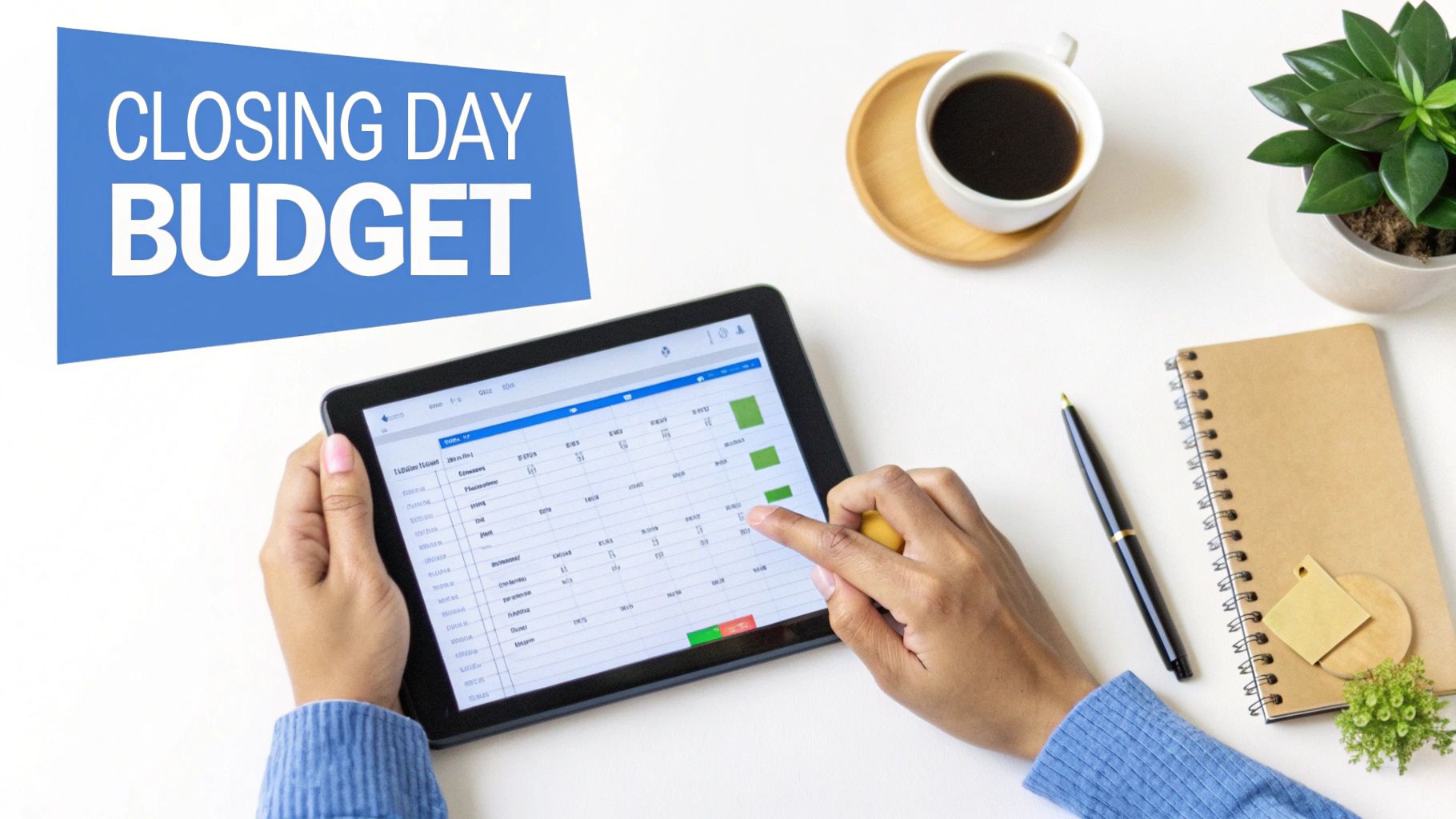 A couple smiling while looking at home documents with a pen.
