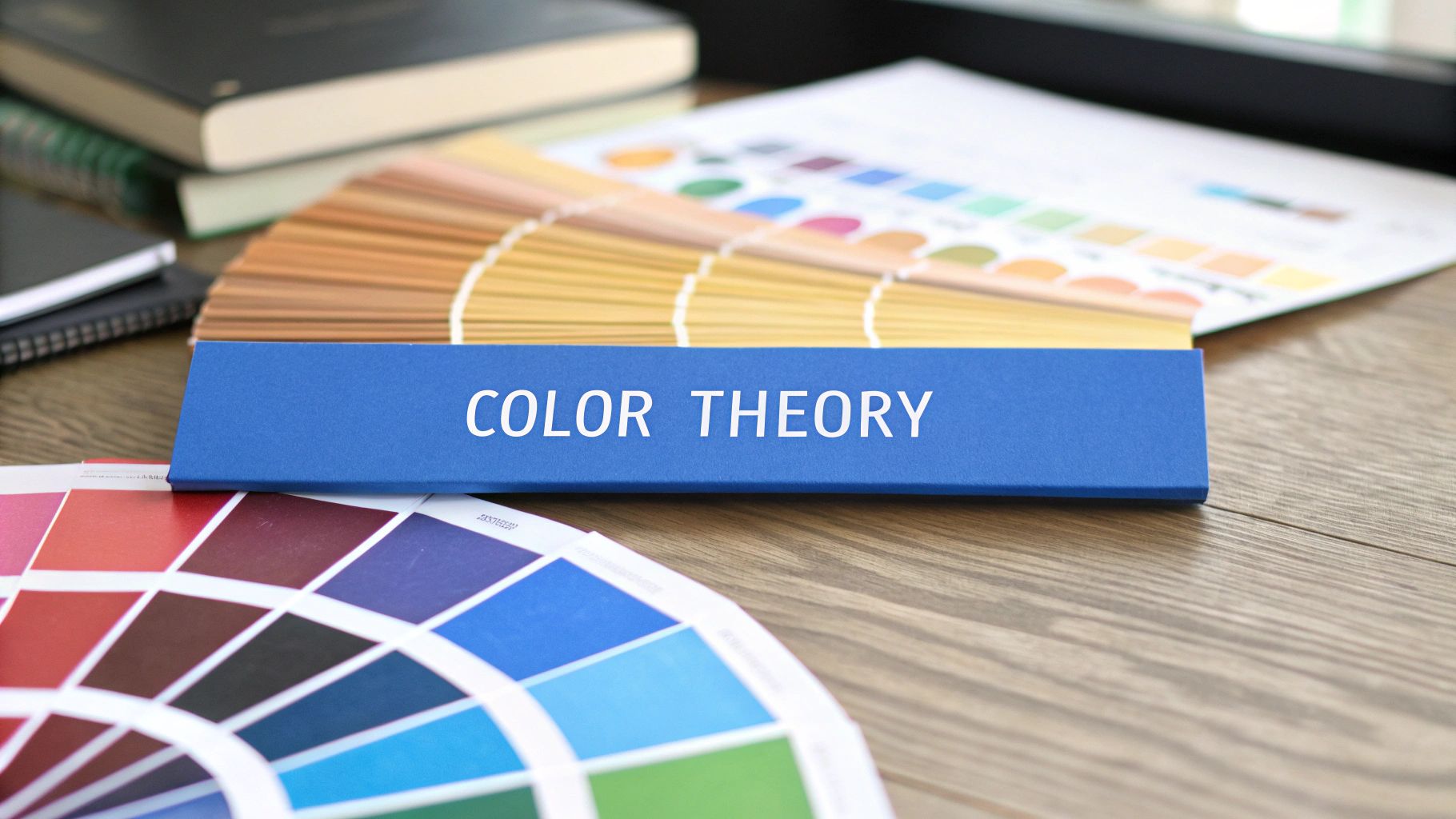 Paint swatches on a wood table with words on a blue rectangle that says color theory.