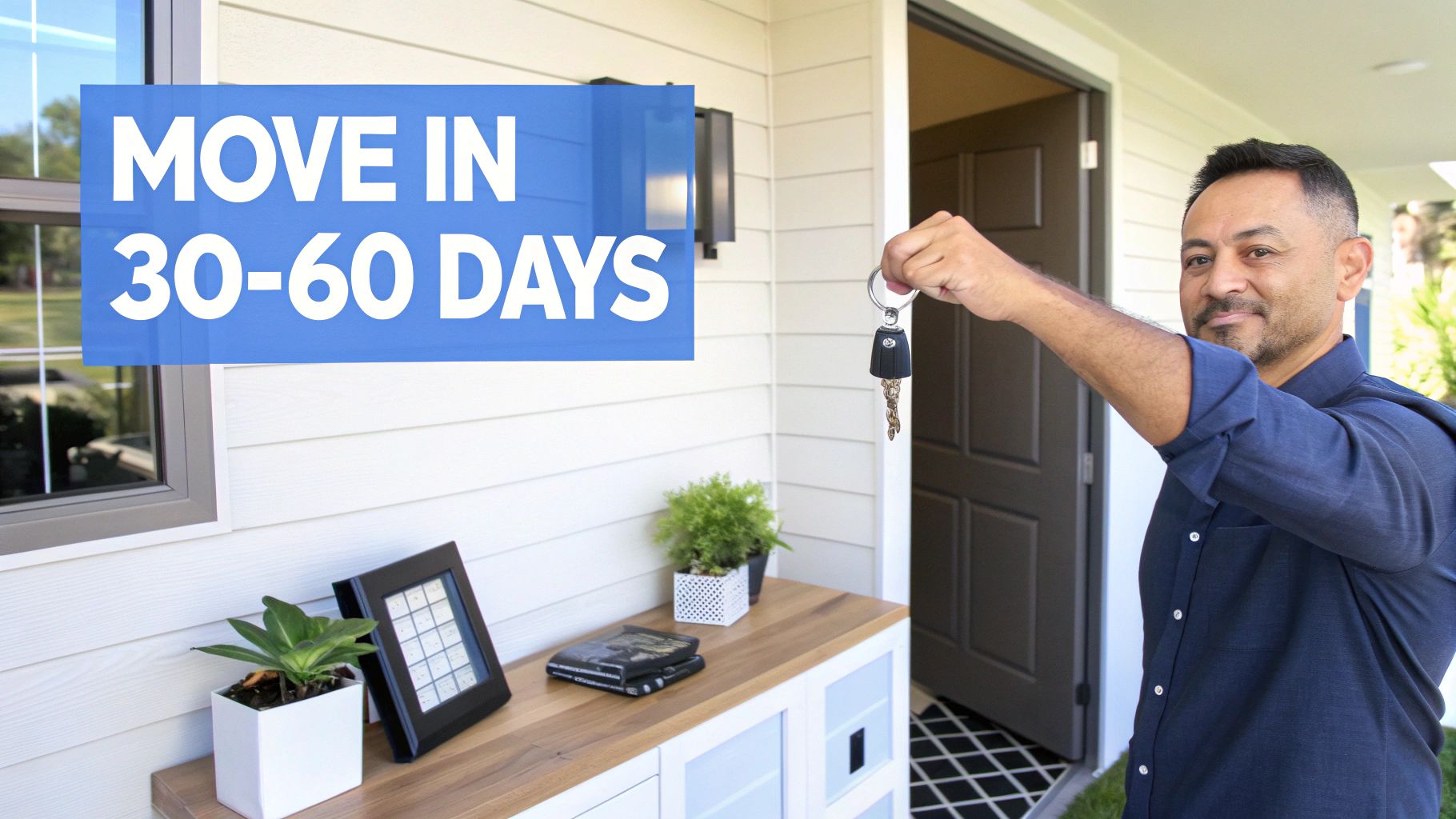 A smiling man holds up new house keys in front of a modern home, with a 'Move In 30-60 Days' sign.