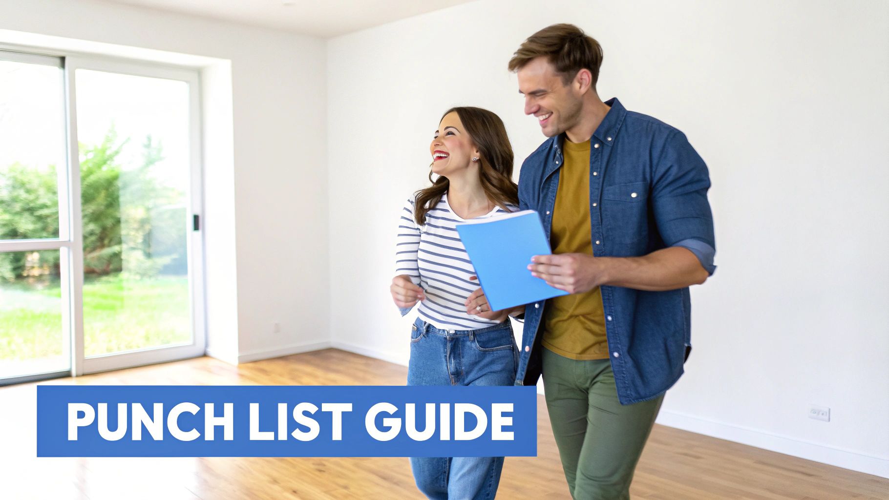 A smiling couple in an empty room, holding a blue folder, with &#39;PUNCH LIST GUIDE&#39; text.