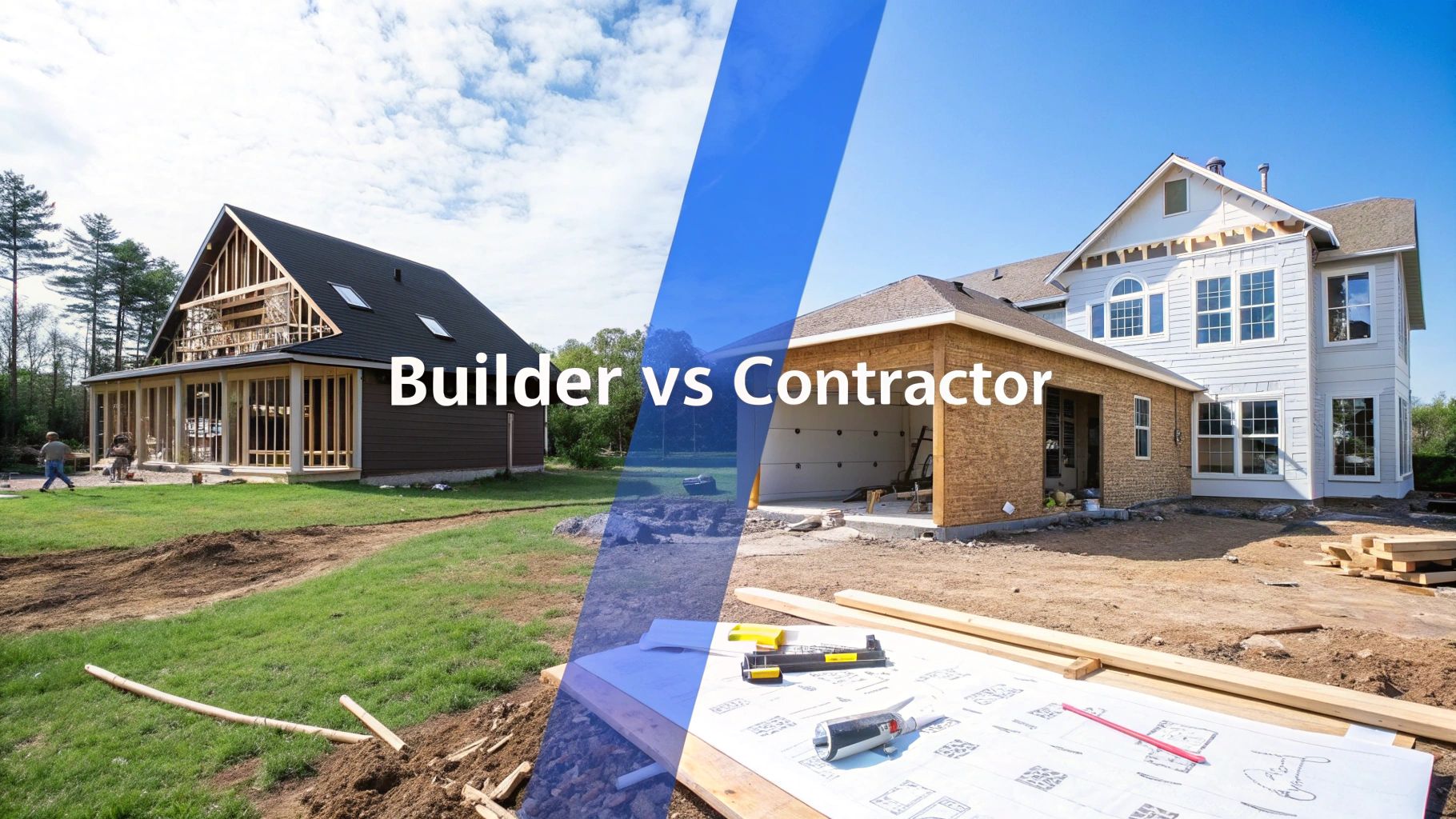 A side by photo of a home getting a room addition and a home being built from the ground up with words that say builder vs contractor.