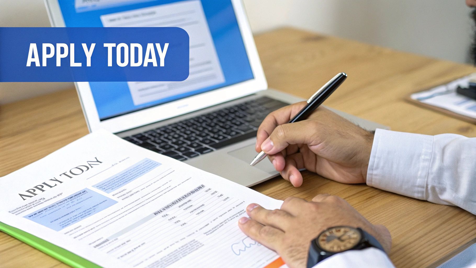 A person's hands filling out an application form with a pen, with a laptop in the background, and an 'APPLY TODAY' banner.