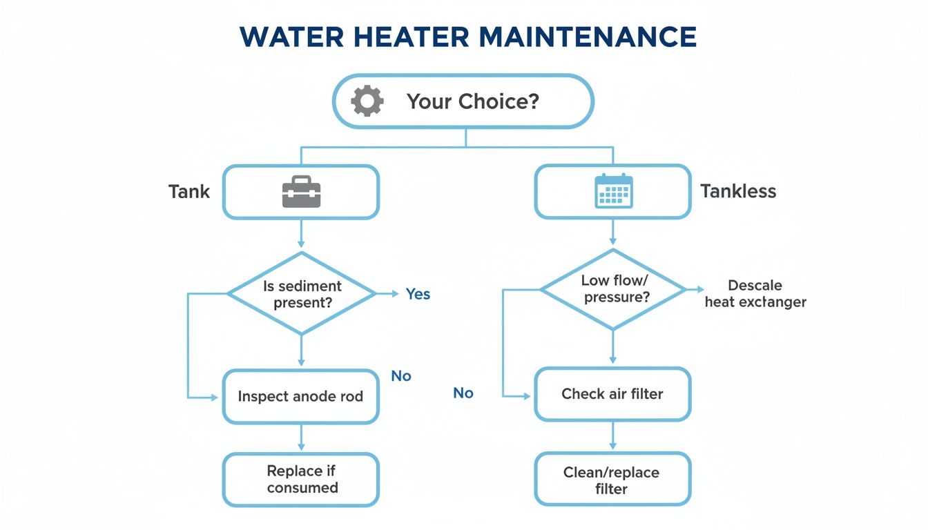 Flowchart illustrating maintenance steps for both tank and tankless water heaters, including descaling and filter checks.