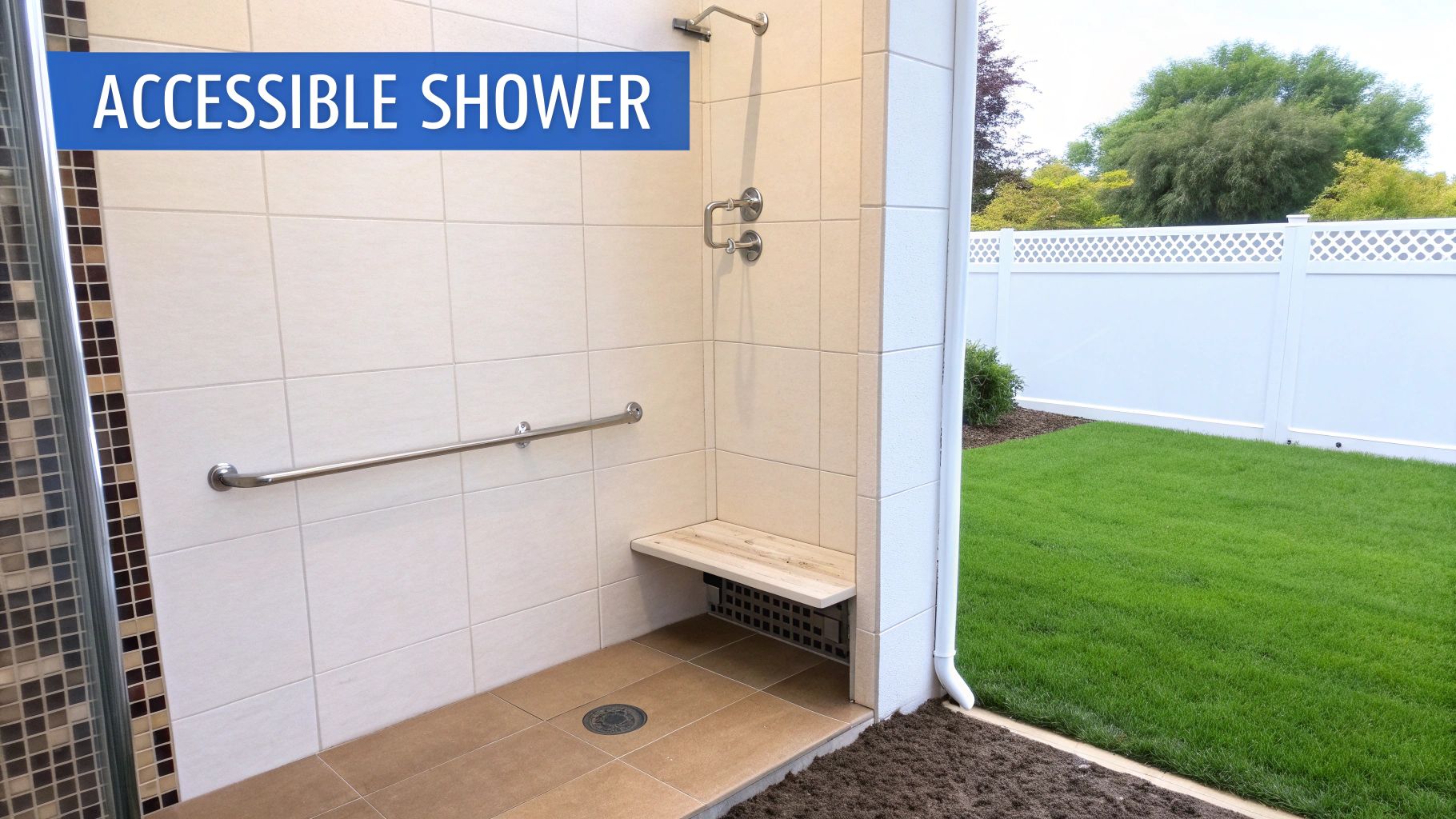 Outdoor accessible shower featuring a grab bar, wooden bench, tiled walls, and a view of a green lawn.
