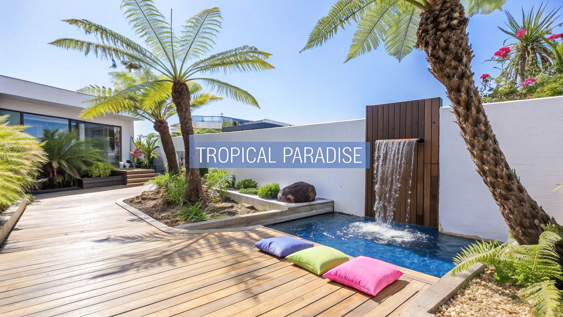 A vibrant tropical backyard features a wooden deck, a pool with a waterfall, palm trees, and colorful cushions.