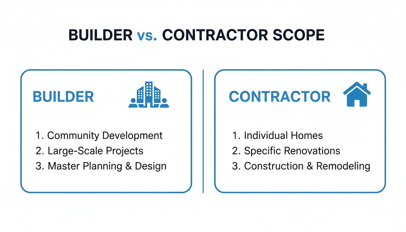 A clear comparison table illustrating the distinct scopes of work for builders and contractors, with examples.