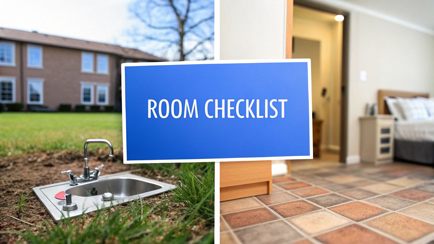A &#39;ROOM CHECKLIST&#39; sign is central, surrounded by a house, a miniature outdoor sink, and an indoor tiled room.
