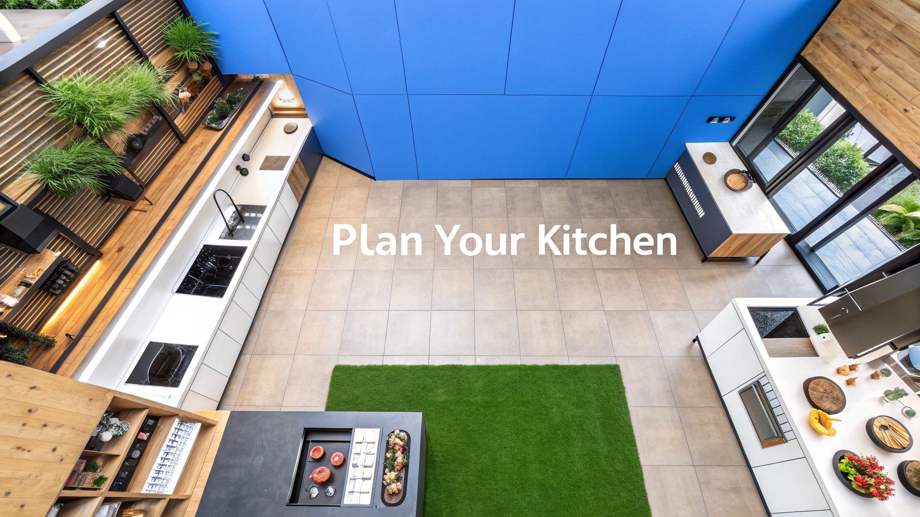 A picture of a kitchen with words on the image that say plan your kitchen.