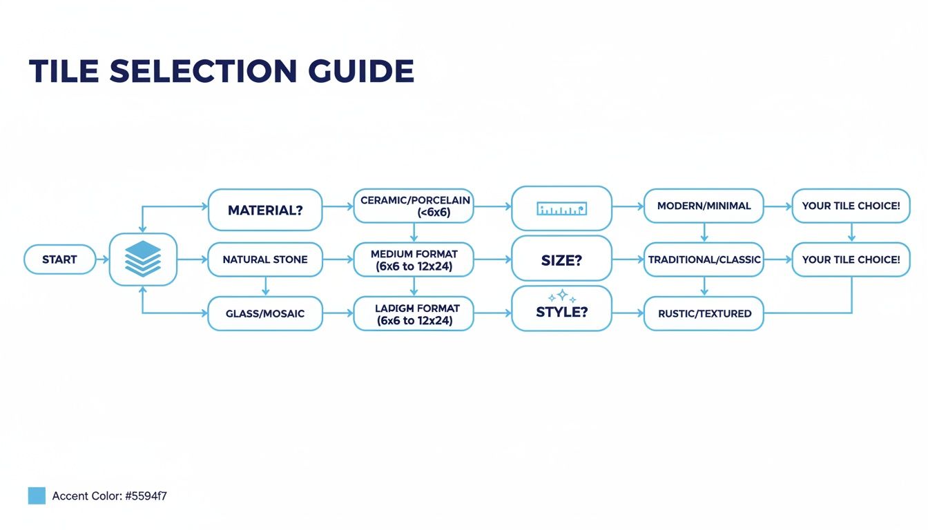 A tile selection guide presented as a flowchart, helping users choose tiles based on material, size, and style.