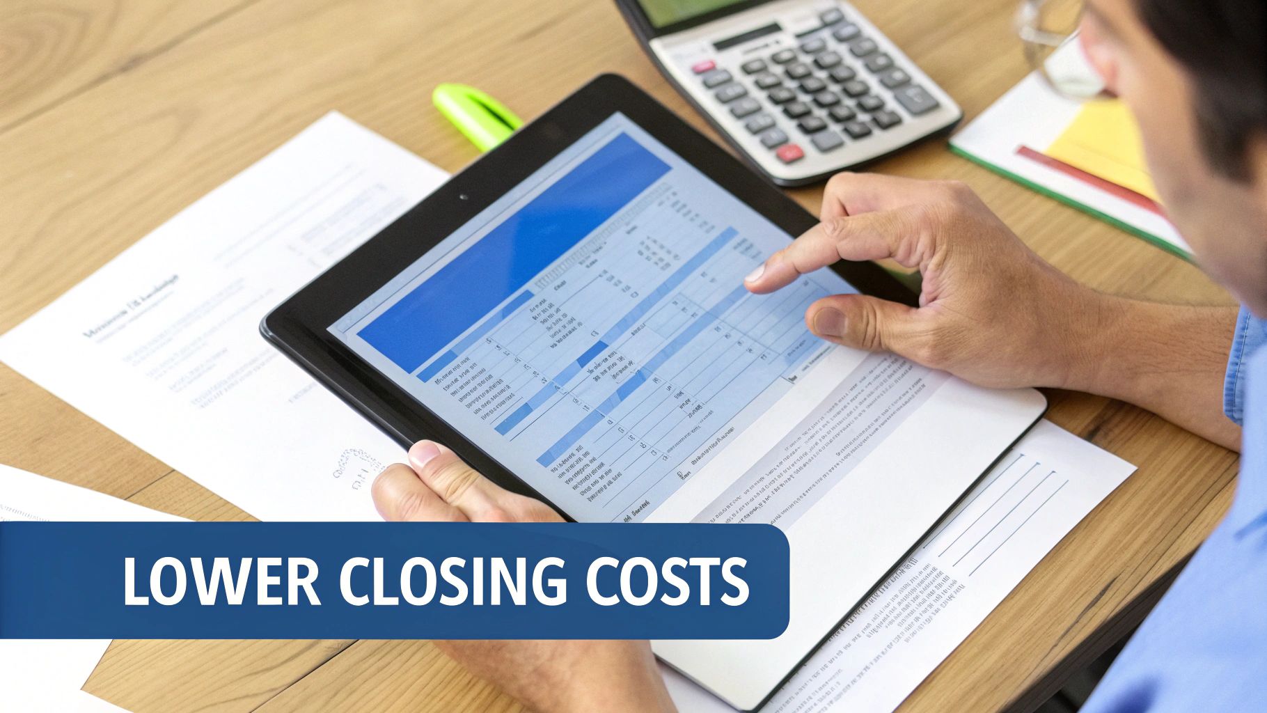 A person reviews financial data on a tablet with a calculator and papers, highlighting 'LOWER CLOSING COSTS'.