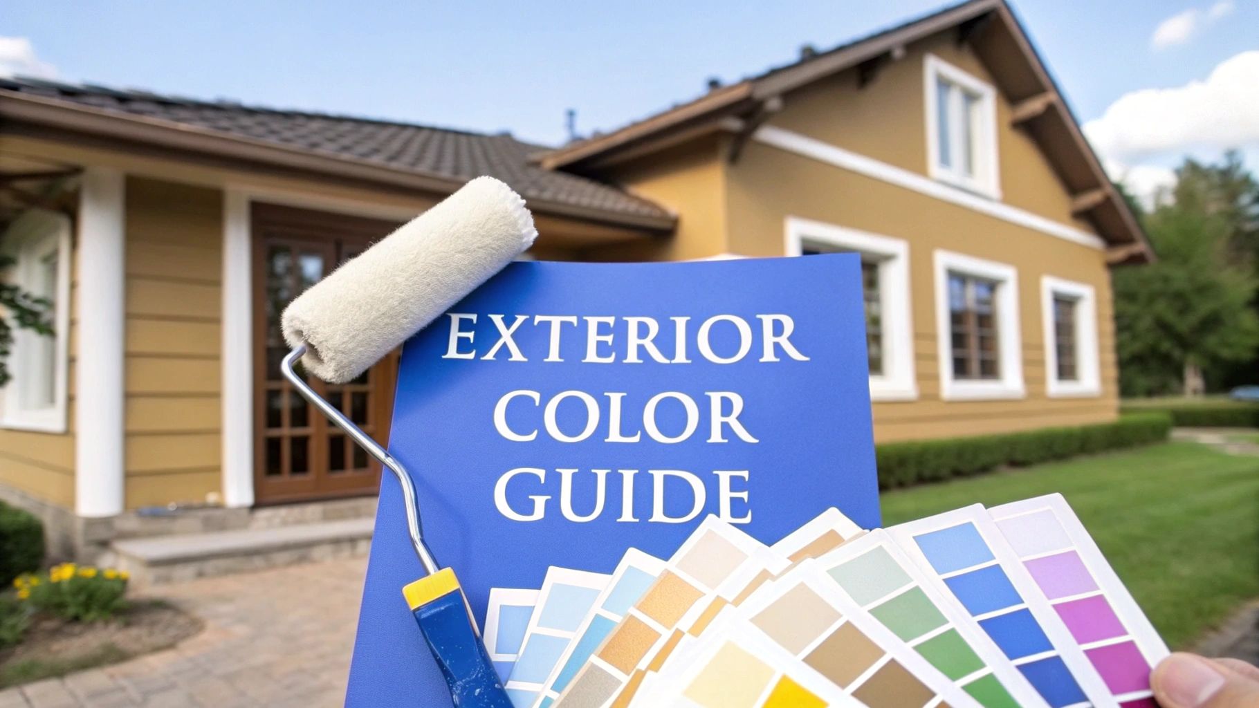 A paint roller next to paint swatches in front of a single family home outside on a sunny day with words on a blue rectangular sheet that say exterior color guide.