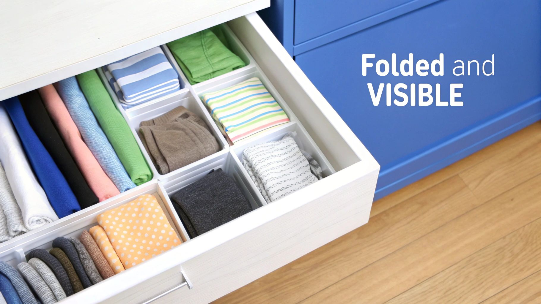 A picture of an open drawer in a walk in closet showcasing folded and visible clothes so they can be found easily.