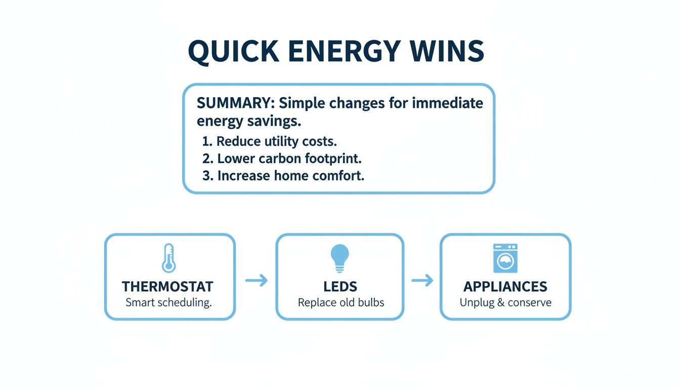 Diagram showing quick energy wins for homes, including smart thermostats, LED lighting, and conserving appliances.