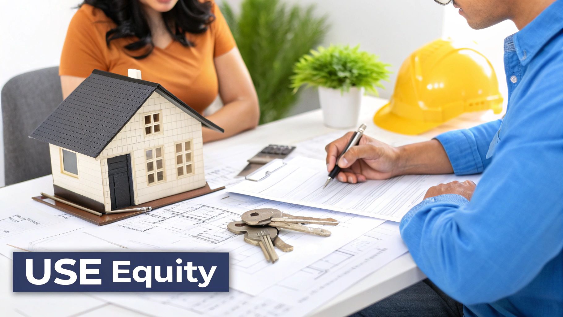 A smiling couple reviewing financial documents at their kitchen table, looking confident.