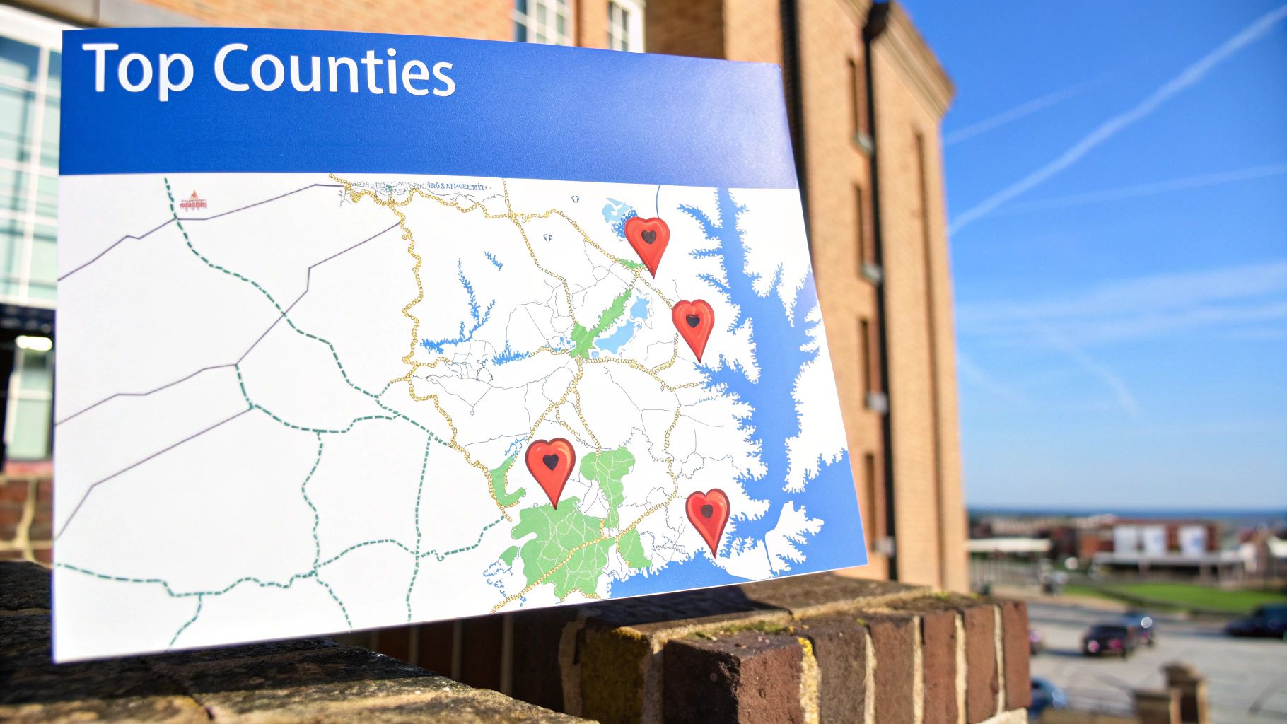 A map of Maryland that shows red markers and says top counties. The map is outside of a tall red brick building on a sunny day.