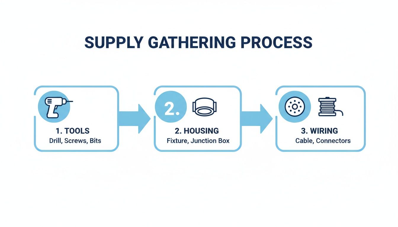 An infographic shows the supply gathering process with three steps: tools, housing, and wiring.