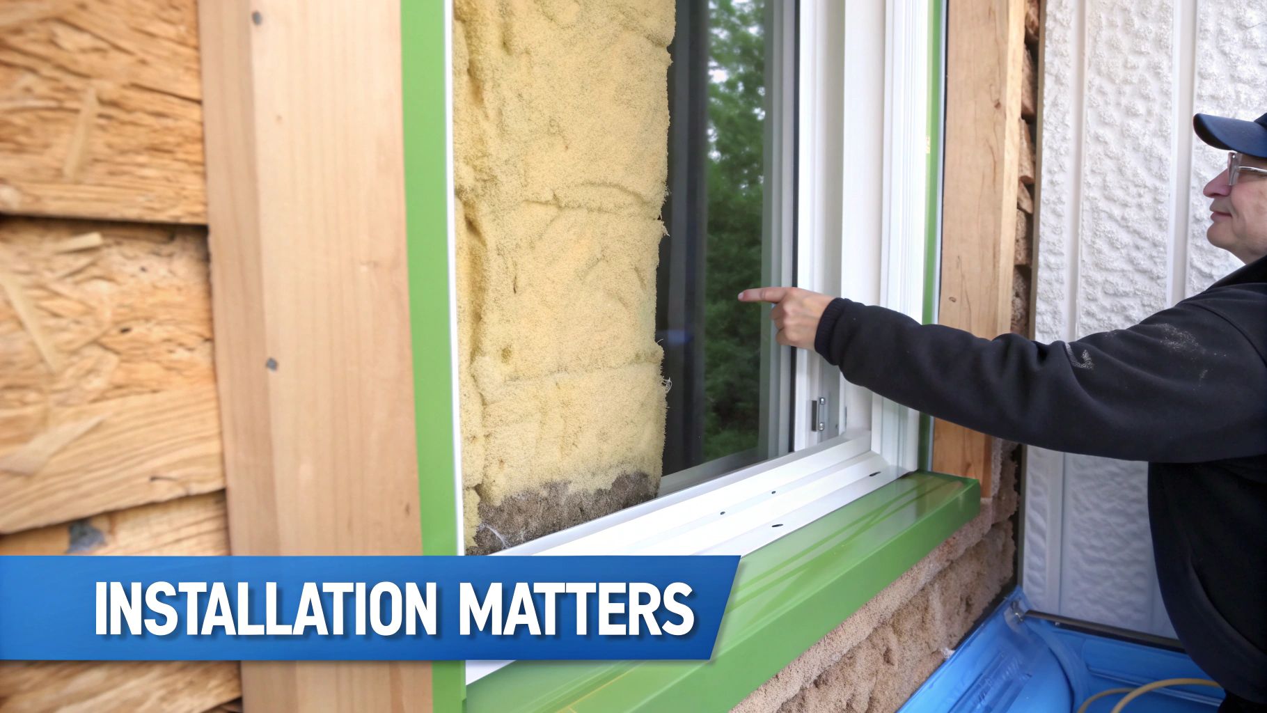 A construction worker points to newly installed insulation and flashing tape around a window frame.