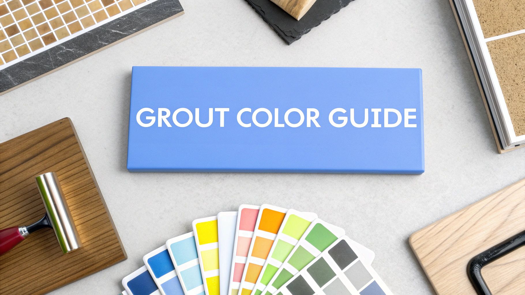 Color swatches on a table next to home interior selection samples with words on the image that says grout color guide.
