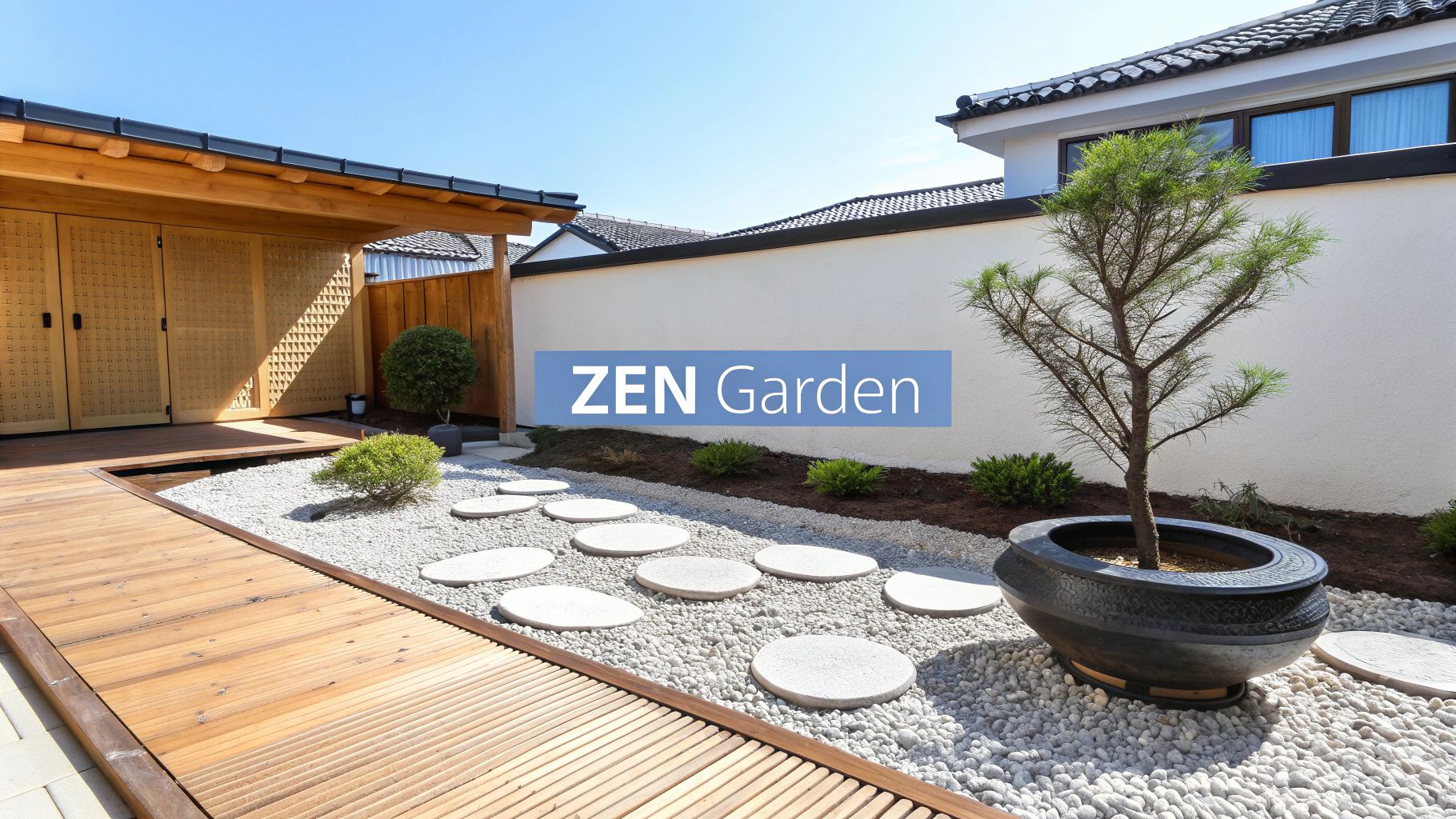 A serene Zen garden featuring a wooden walkway, white gravel, round stepping stones, and a potted tree.