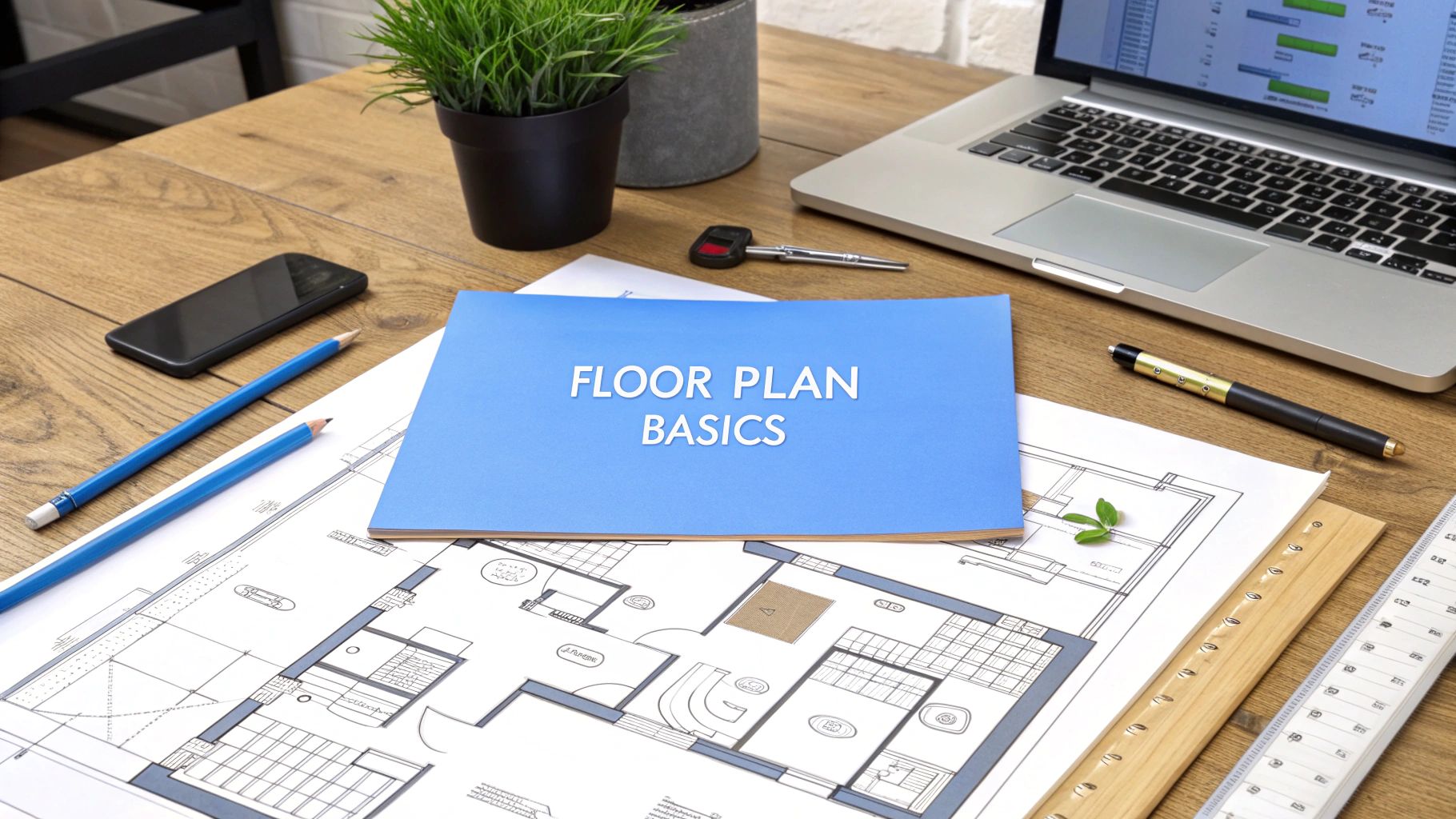 A blueprint laying on a wood table next to a laptop, key, smart phone pencils and a pen.