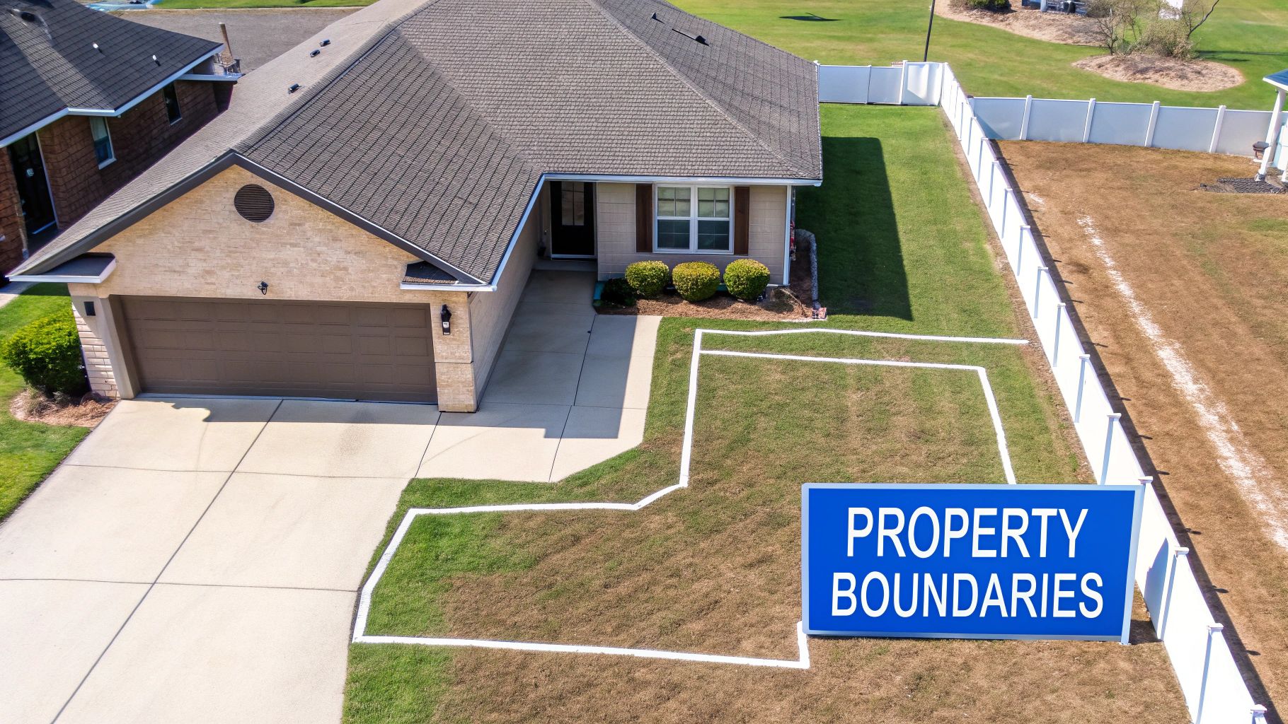 Aerial view of residential property with white boundary lines marking property survey perimeter around front yard