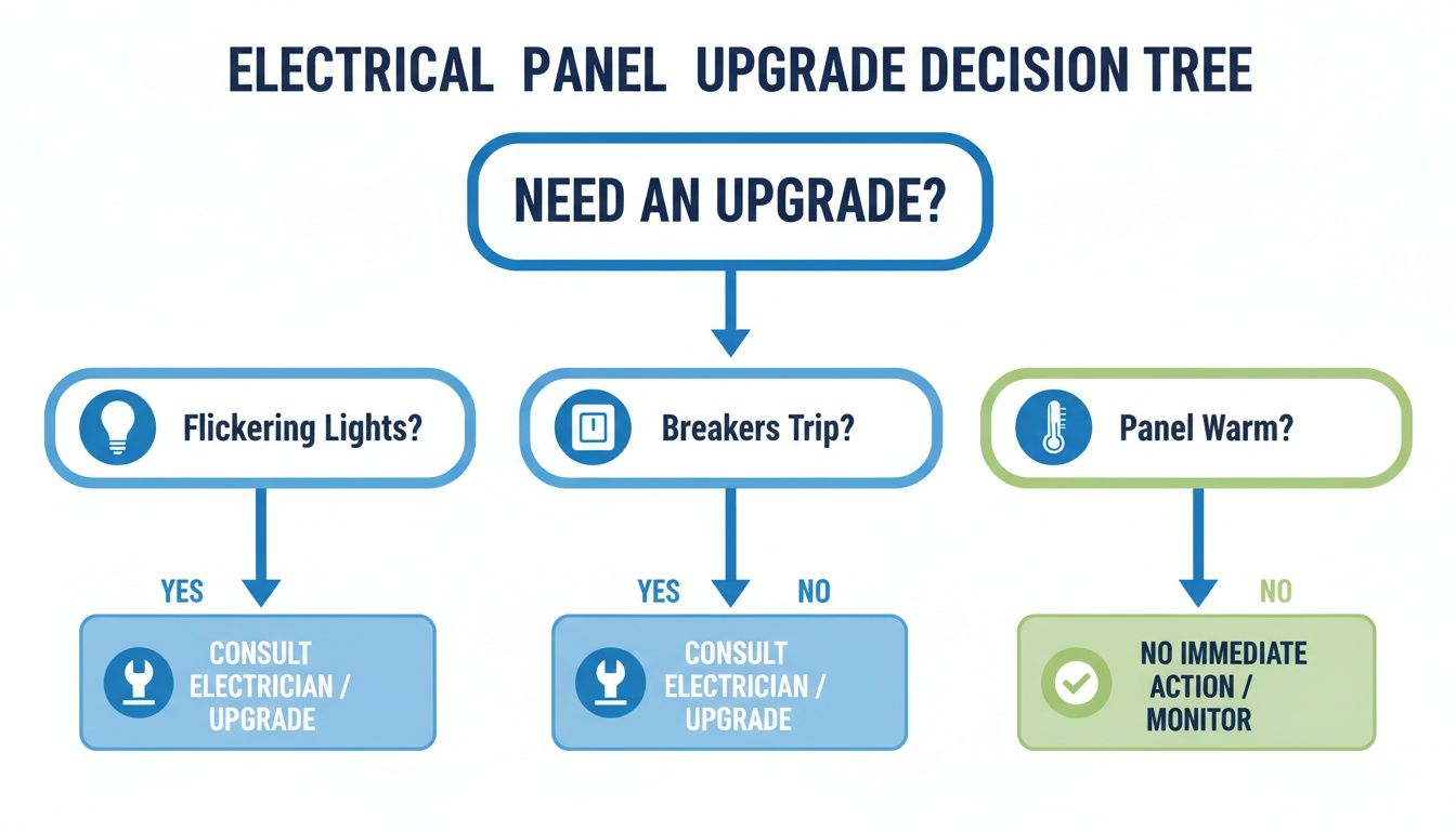 Decision tree flowchart for electrical panel upgrades, detailing when to consult an electrician for flickering lights or tripping breakers.