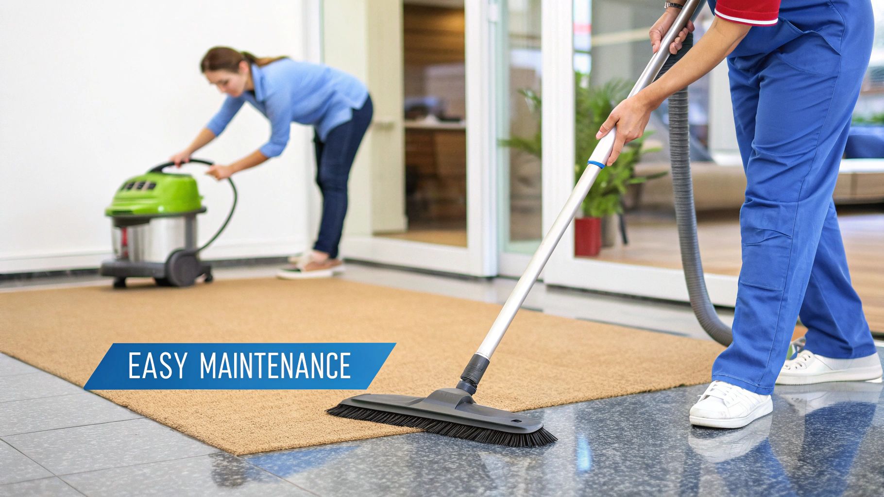 Two women cleaning a tile floor with a rug on it inside of a home.