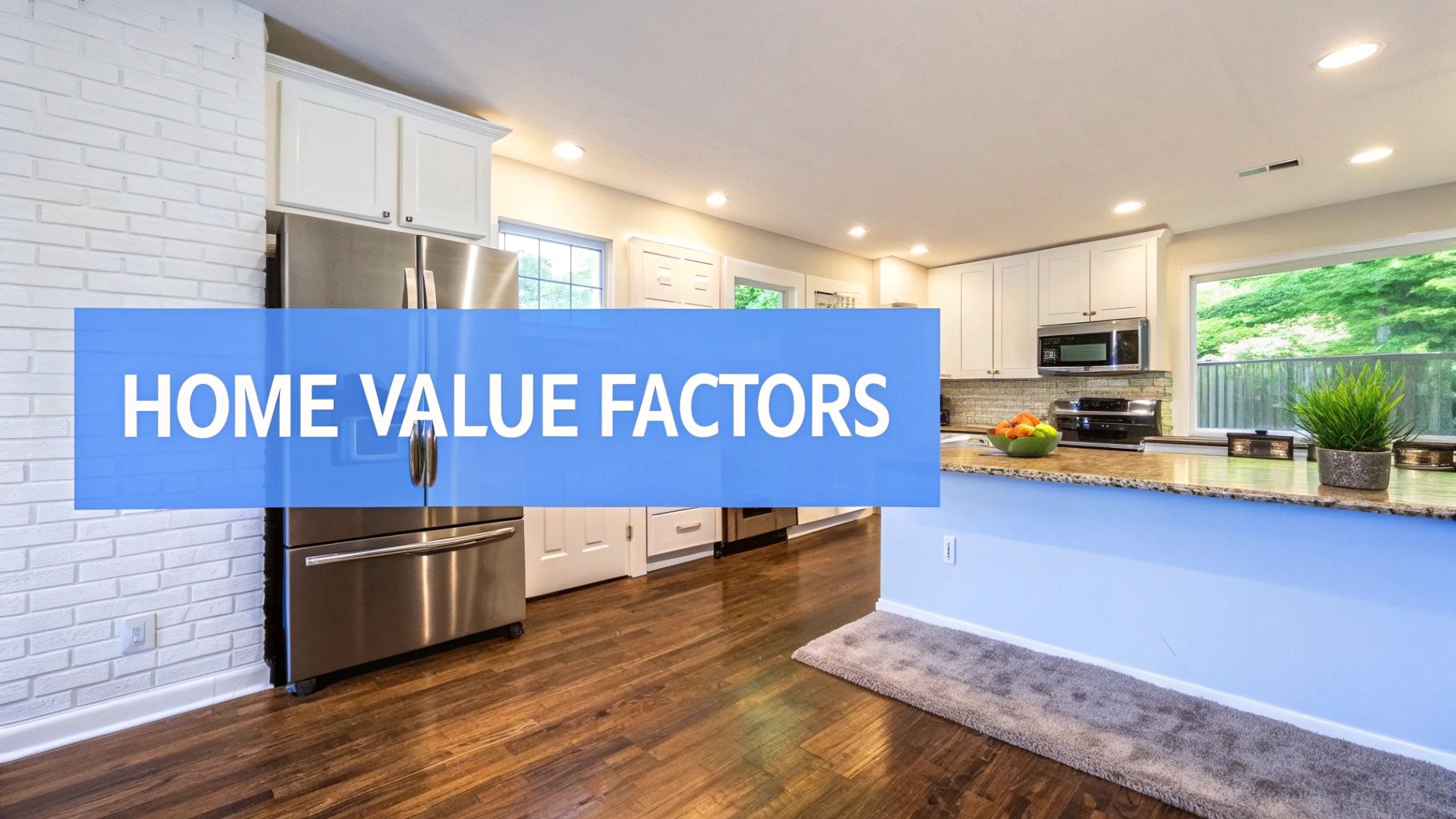 A bright, modern kitchen interior featuring a stainless steel refrigerator, white cabinets, hardwood floors, and a blue island.