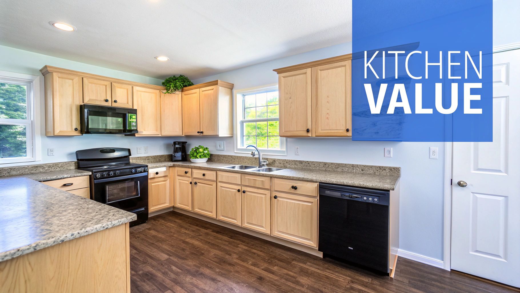 A bright, modern kitchen with light wood cabinets, dark granite countertops, and black appliances.