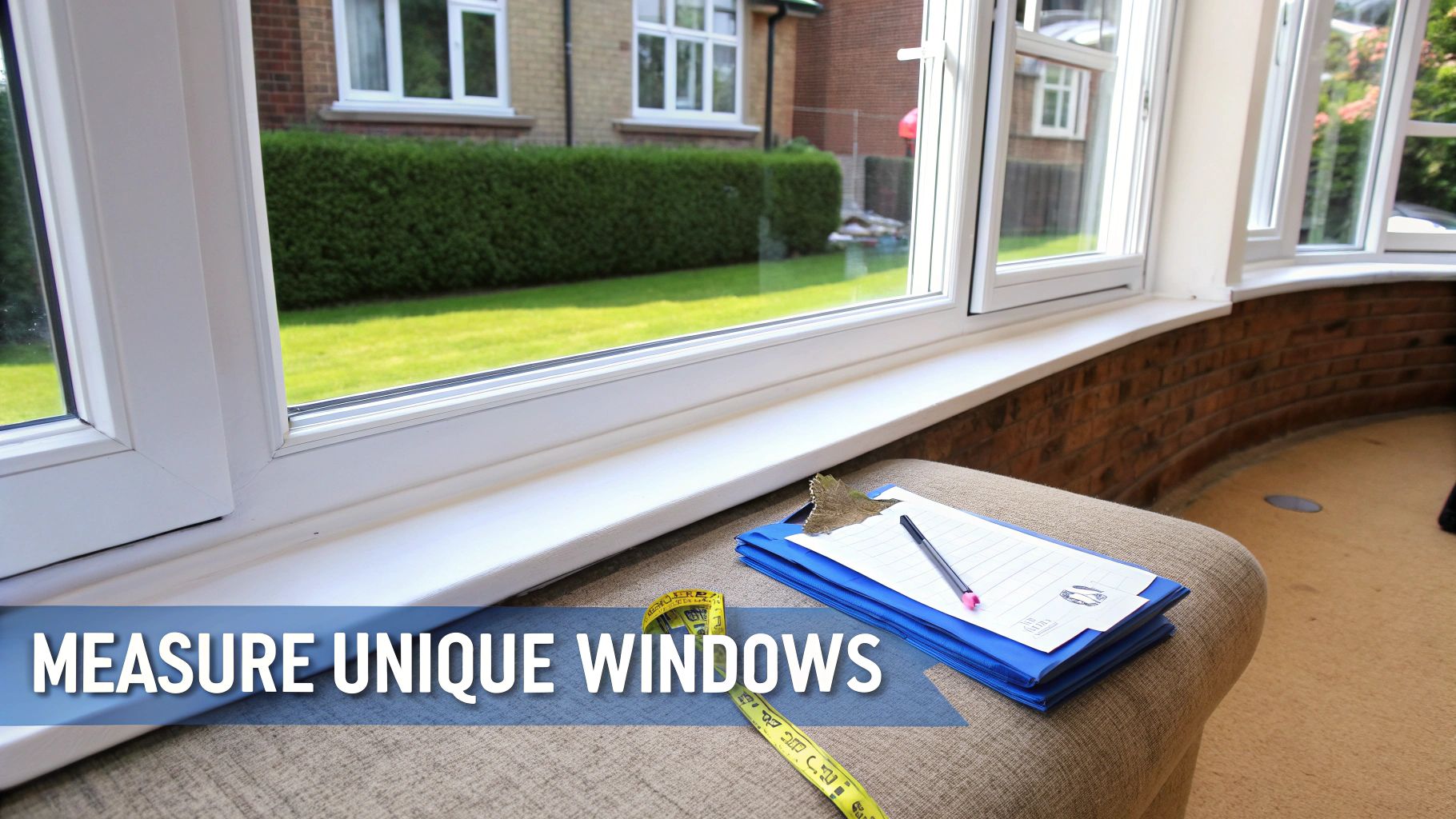 A measuring tape and clipboard on a surface beside a white window overlooking a green lawn.
