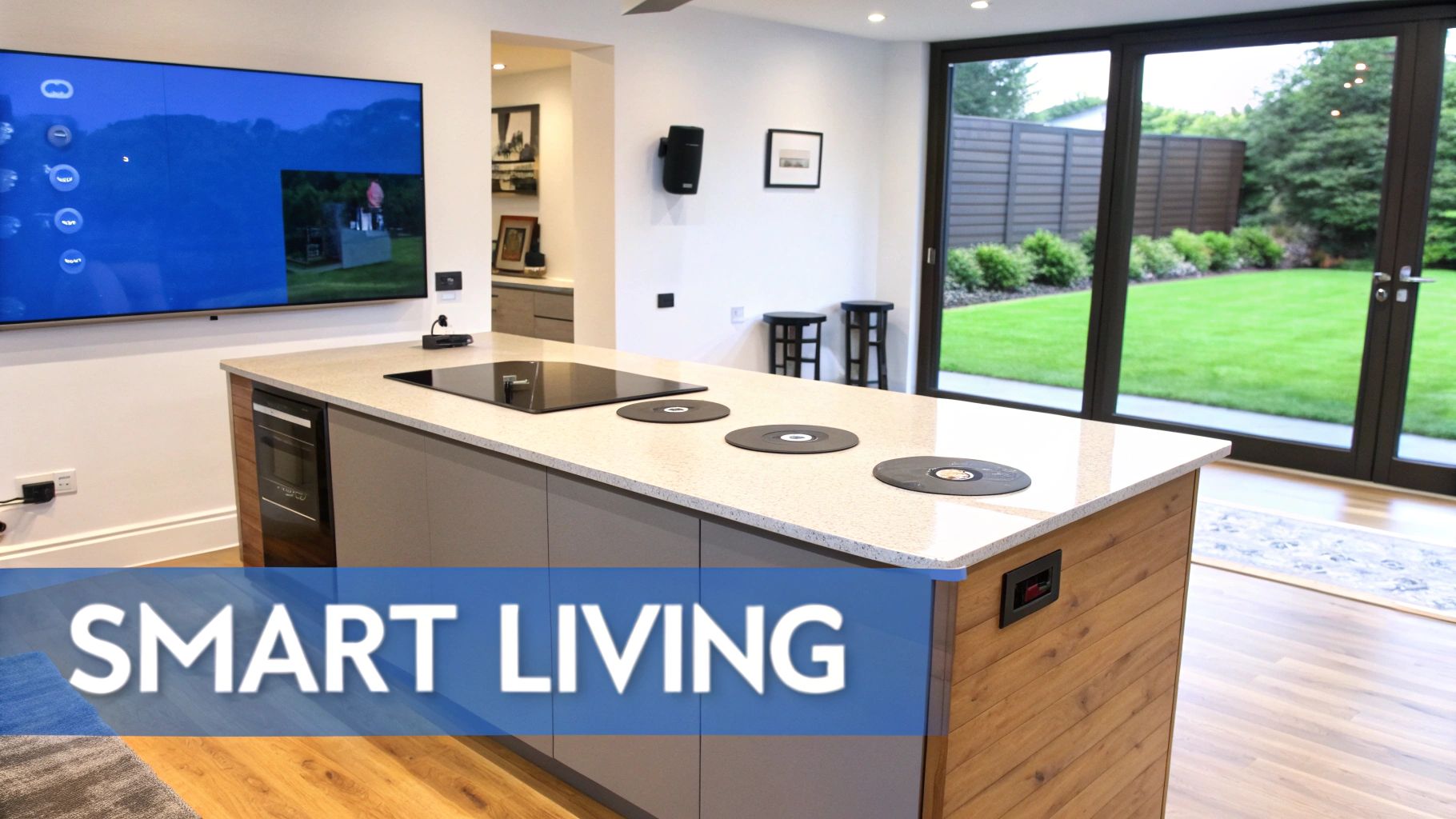 Modern open-concept kitchen with large island, wall-mounted TV, and glass doors overlooking a green backyard.