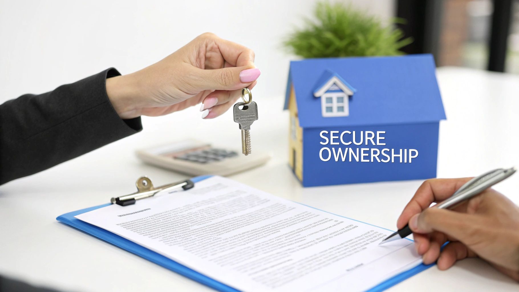 A hand holds a house key, while another signs a document next to a blue house model.