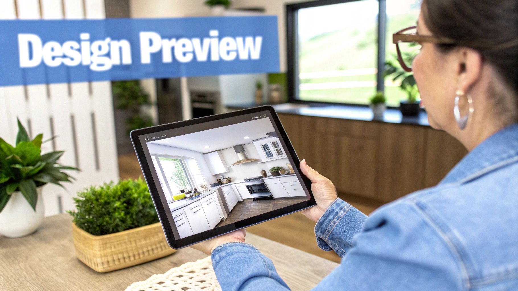 Woman holding a tablet showing a modern kitchen design, with a "Design Preview" banner.