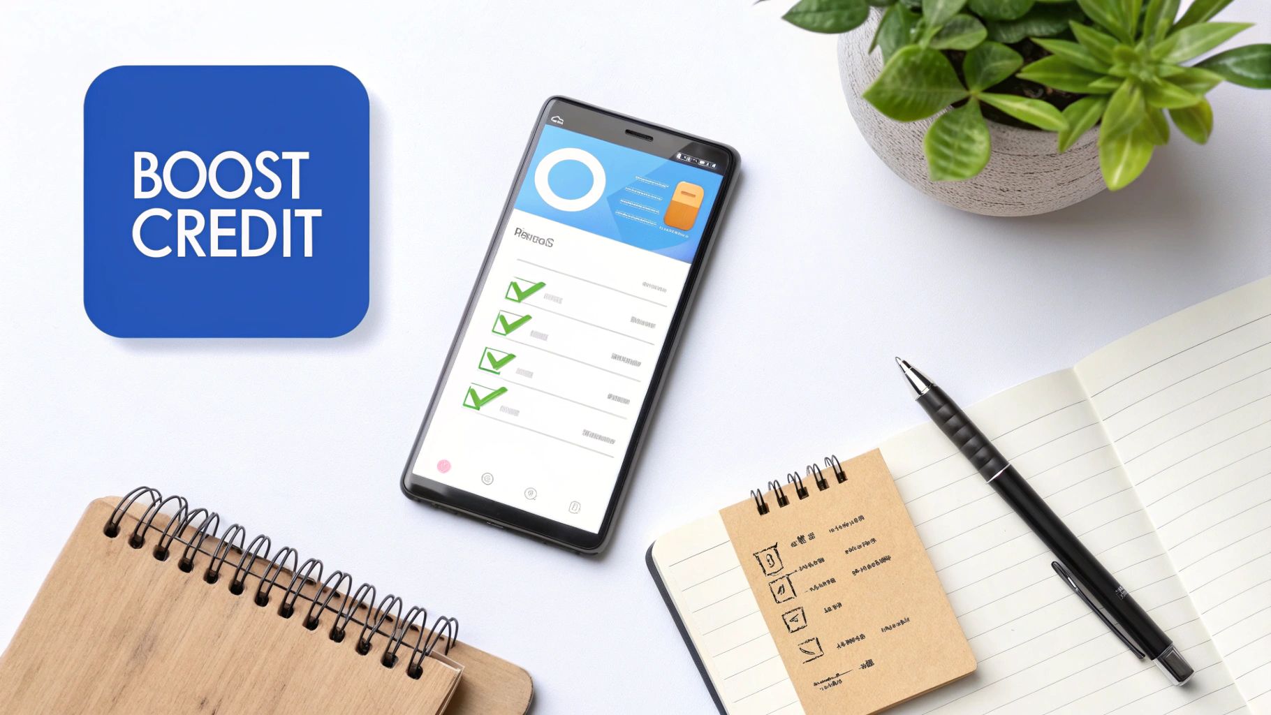 Boost credit concept with a smartphone app, 'BOOST CREDIT' icon, notebooks, pen, and plant on a white desk.